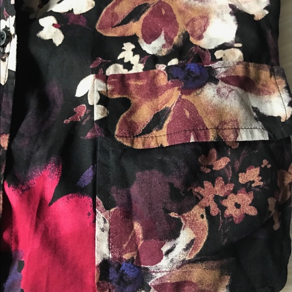 Floral Print LOFT Shirt Blouse Black Pink Cream M - Picture 5 of 6